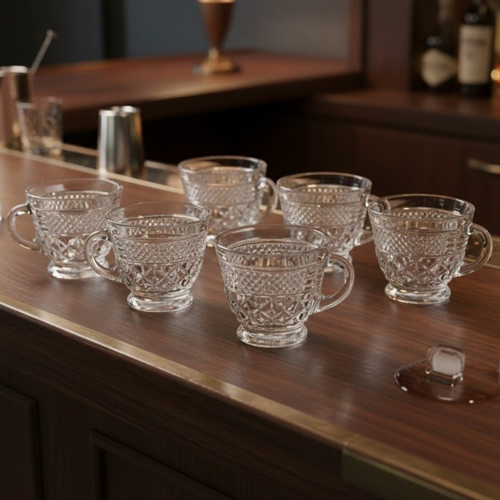 Anchor Hocking Wexford Clear Punch Cups, Set of 6, Vtg Pressed Glass Drinkware